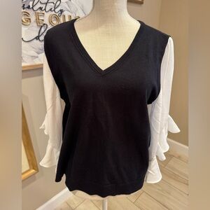 CECE Black and White Ruffle Sleeve Sweater
